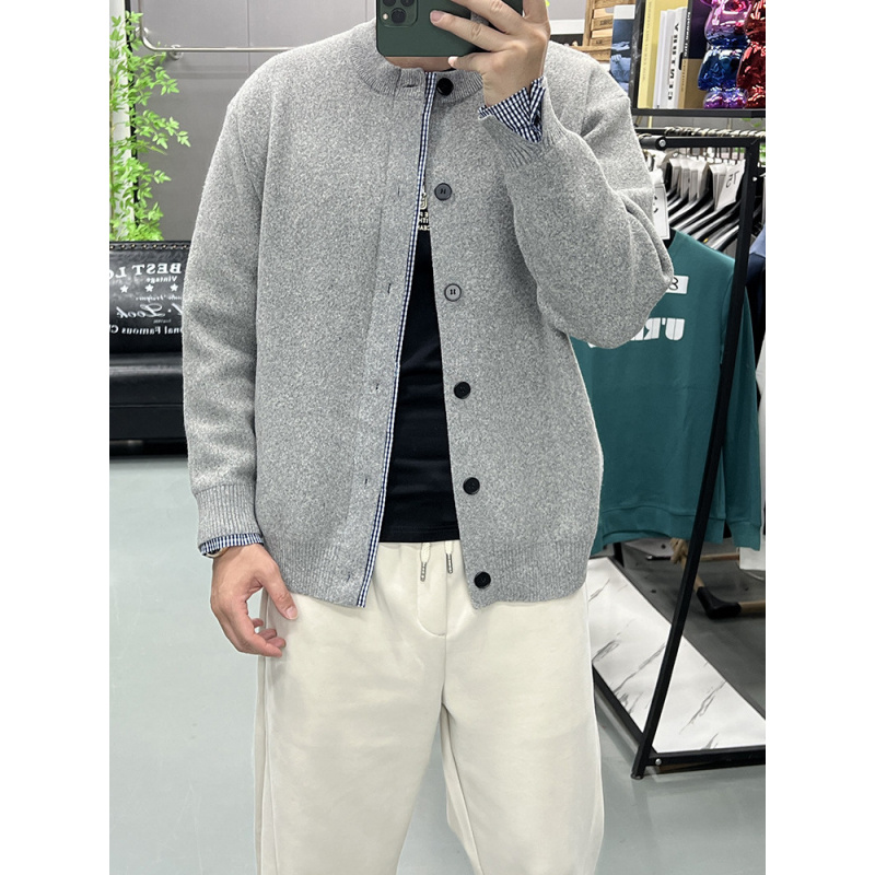 秋冬季复古百搭松弛感圆领开衫毛衣慵懒风假两件纽扣针织外套