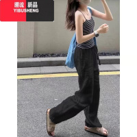 YIBUSHENG白色亚麻阔腿裤女季薄款系带松紧腰垂感显瘦直筒棉麻拖地休闲裤