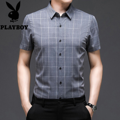 花花公子品牌免烫男士短袖衬衫格子男装半袖衬衣商务休闲衣服薄2021夏季新款