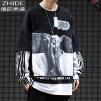 SUNTEK欧美vibe风暗黑系撞色条纹长袖t恤男潮牌嘻哈oversize假两件卫衣卫衣