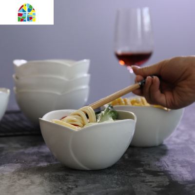 陶瓷碗家用米饭碗吃饭碗纯白碗碟套装创意汤碗面碗中式餐具碗 FENGHOU 5英寸梅花碗[4个]