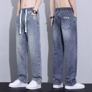 松紧腰牛仔裤男士美式高街裤子薄款直筒型阔腿宽松休闲裤
