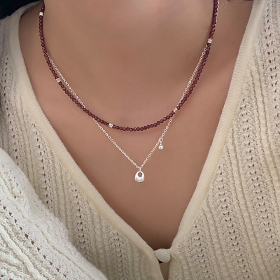 s925纯银天然石榴石项链轻奢小众高级感日常叠戴毛衣链颈链女送女朋友老婆情人节七夕生日礼物
