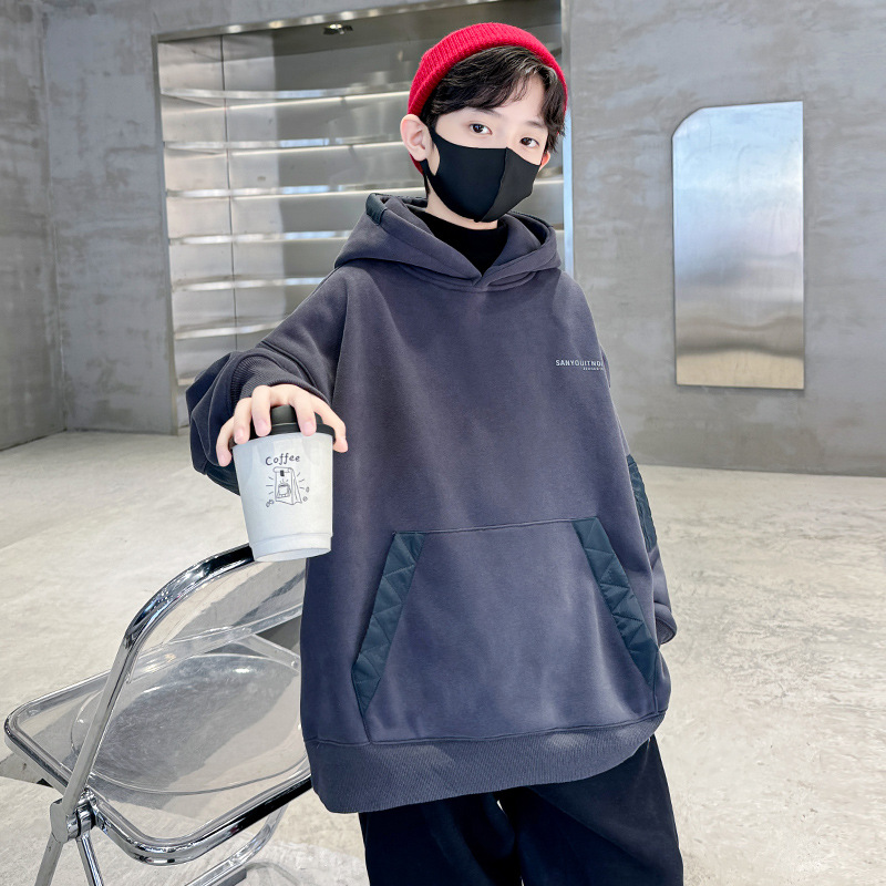 男童加绒连帽卫衣秋冬款新款儿童冬装大童男孩一体绒加厚上衣