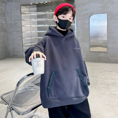 男童加绒连帽卫衣秋冬款新款儿童冬装大童男孩一体绒加厚上衣