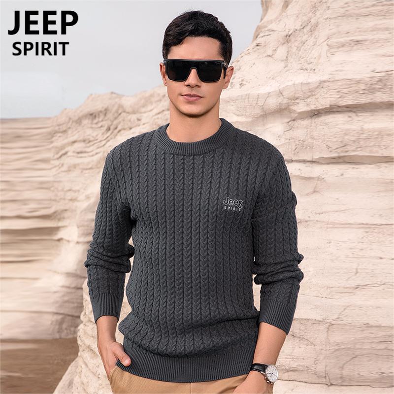 JEEP SPIRIT吉普冬季加厚保暖圆领套头毛衣男2023年新款时尚潮流宽松弹力毛衫