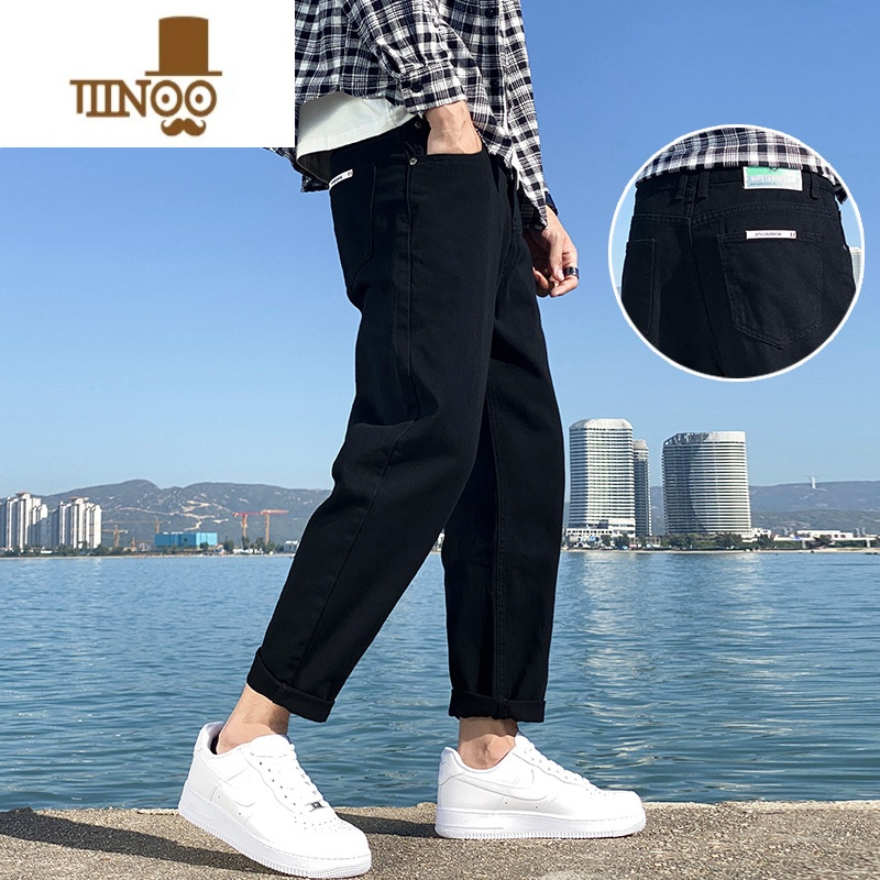 YANXU夏季新款黑色牛仔裤男宽松直筒2022潮流百搭阔腿九分裤子男士潮牌