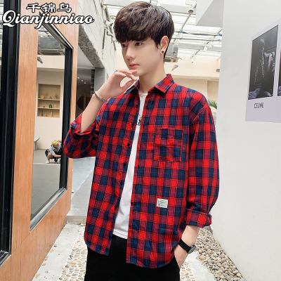 千锦鸟(Qianjinniao)春秋季新款千鸟格长袖衬衫中青年港风ins格子衬衫男长袖韩版潮流帅气休闲衬衣外套