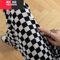 YIBUSHENG棋盘格冰丝阔腿裤女薄款季抽绳松紧腰雪纺休闲裤高腰垂感拖地裤