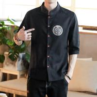 中国风七分袖亚麻衬衫复古棉麻民族风中袖唐装立领短袖衬衫男