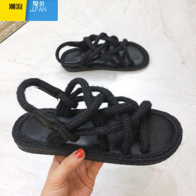 聚范夏季网红同款平底I凉拖女百搭草编凉鞋麻绳沙滩鞋交叉绑带女鞋