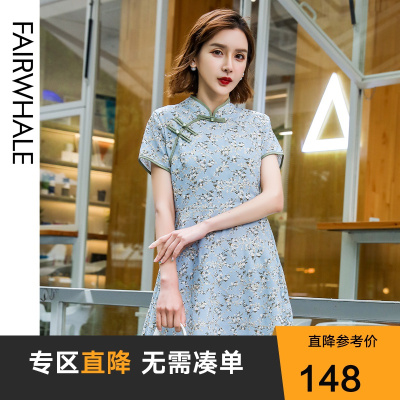 马克华菲女装印花旗袍改良版连衣裙新款夏季清新中国风连衣裙