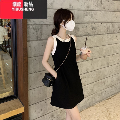 YIBUSHENG小香风撞色圆领无袖连衣裙女春内搭小个子宽松砍袖背心裙a字裙