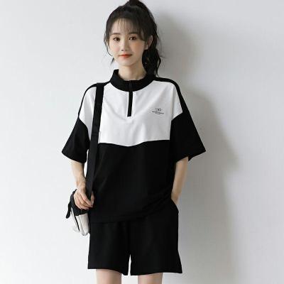 2021新款港味运动服女夏跑步套装拼色上衣加阔腿休闲短裤两件套潮卡诺蔻