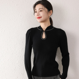 新款显瘦内搭淑女修身打底衫中国风旗袍领上衣针织衫气质内搭