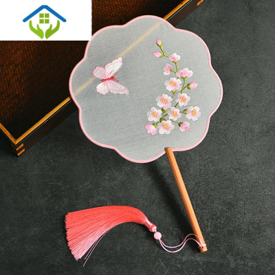 御蓝锦中国风古典古风长柄双面刺绣机绣团扇汉服旗袍走秀拍照复古风扇子蝶（机绣双面）