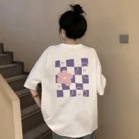[2.5折价46元]唐狮夏季短袖T恤女圆领背后棋盘格小花印花学院风ins