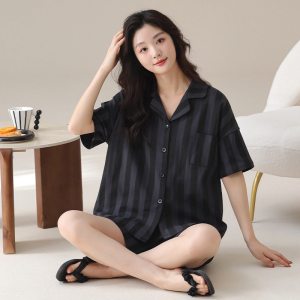 短袖短裤春夏季仿棉睡衣女开衫翻领卡通可爱韩版可外穿家居服套装