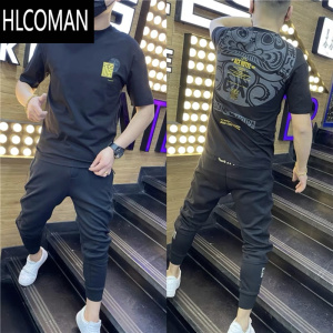 HLCOMAN韩版圆领短袖男2025夏季新款潮流印花半袖T恤修身青年潮T上衣