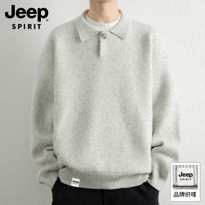 吉普秋季高端翻领毛衣男士2025新款潮牌保暖宽松休闲含羊毛针织衫