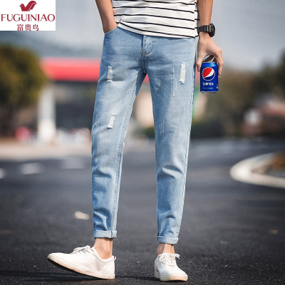 富贵鸟（FUGUINIAO）2021夏季韩版潮流牛仔裤休闲百搭浅蓝修身小脚抓痕九分裤男