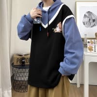 SUNTEK假两件卫衣男春季韩版潮牌港风连帽宽松印花外套学生帅气百搭上衣卫衣