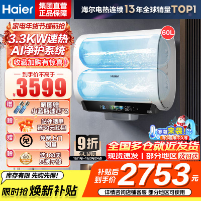 海尔(Haier)麦浪套系电热水器 国家补贴20%双胆扁桶60升BK5PLUS富锶小蓝瓶无镁棒3300W速热一级能效