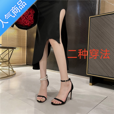 SUNTEK2023年新款一字带高跟鞋配裙子黑色细跟珍珠绝美时装凉鞋女夏季