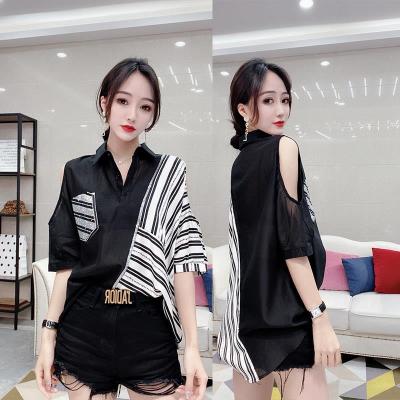 夏装新款条纹拼接露肩时尚宽松百搭烫钻衬衫女短袖上衣名瑞德