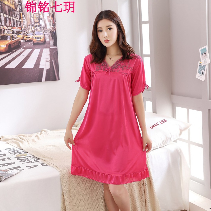 锦铭七玥2018性感冰丝睡衣女宽松大码加肥V领短袖中长款胖MM睡裙直批