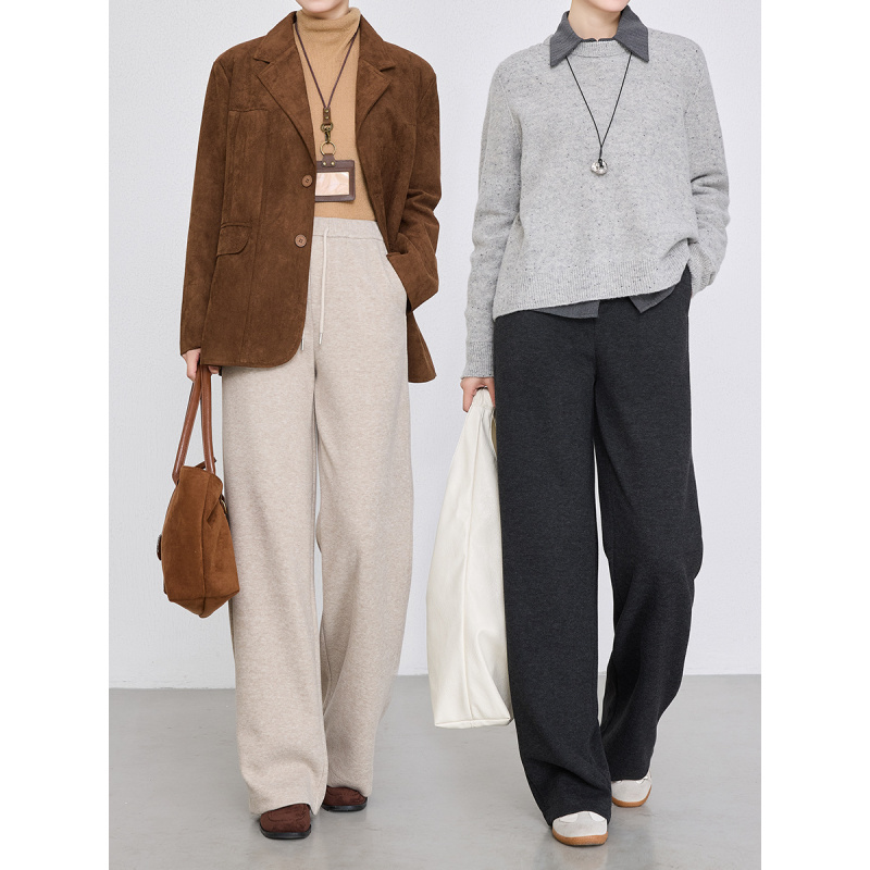 年冬季新款高腰抽绳休闲长裤松紧腰羊毛复合直筒裤女