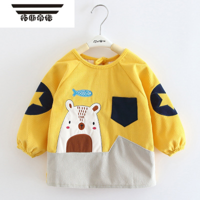 拓斯帝诺儿童罩衣秋冬长袖防水宝宝吃饭围兜女孩男童防脏罩衫婴儿围裙护衣全身防水鱼小熊黄100（建议1岁-2岁）