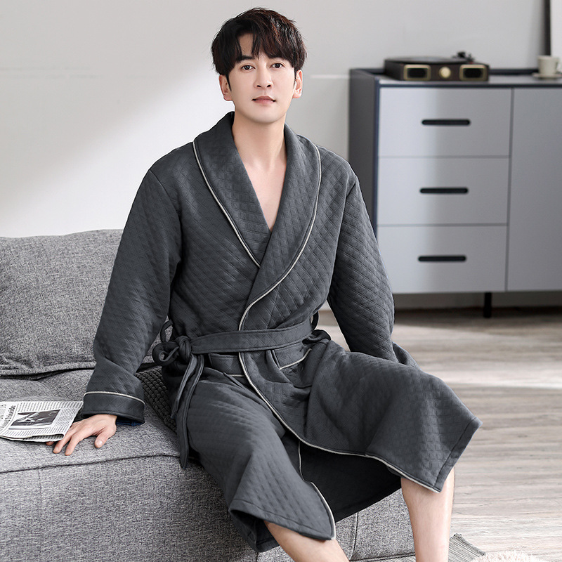 空气棉夹层睡袍男士秋冬季棉质加厚长袖浴袍冬季深蓝大码晨袍睡衣