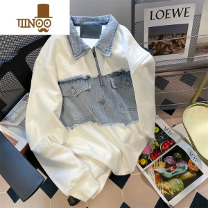 YANXU欧美高街复古牛仔拼接polo领卫衣男女宽松国潮半拉链工装外套