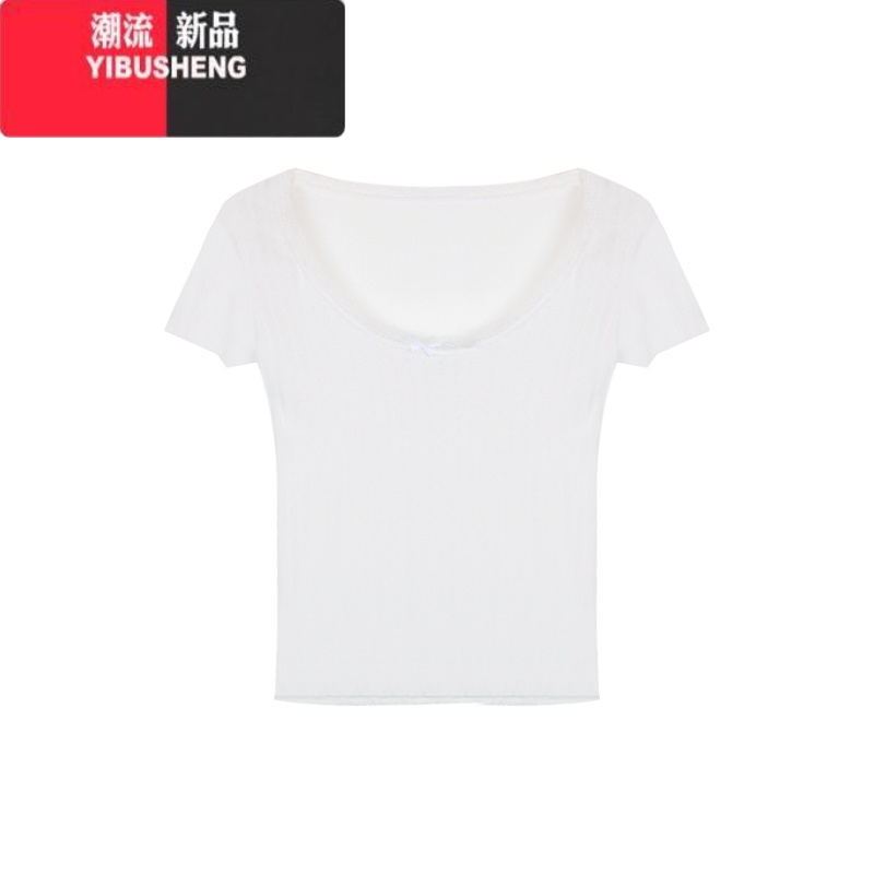 YIBUSHENG白色纯欲甜美蕾丝修身显瘦打底女季正肩短款内搭短袖T恤上衣ins