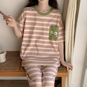 睡衣女士棉质夏季韩版短袖长裤可爱卡通休闲家居服套装宽松可外穿