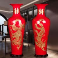 景德镇陶瓷龙凤呈祥大花瓶中国红落地大花瓶家居客厅现代中式摆件 三维工匠 龙凤呈祥1.4米白色