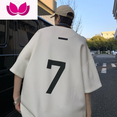 七斓高街男潮牌t恤短袖夏季美式复古绒宽松大码打底5分袖体恤