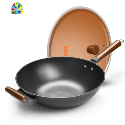 铸铁炒锅32cm木柄加厚生铁平底锅单柄无涂层电磁炉通用 FENGHOU
