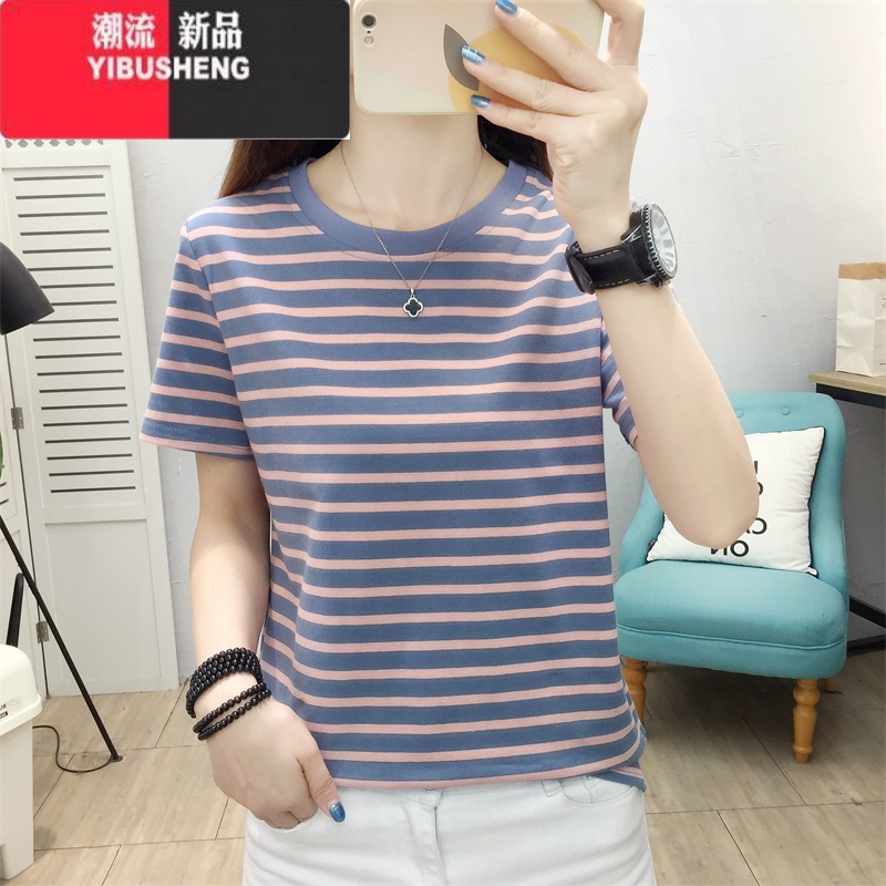 YIBUSHENG大码条纹t恤女短袖中年妈妈装2024新款宽松女士洋气上衣服