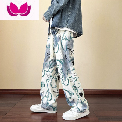 七斓小熊印花裤子男夏季薄款美式高街潮牌小众设计感大码宽松休闲长裤