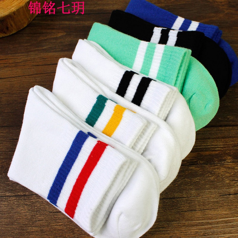 锦铭七玥男袜子 潮款运动袜 韩版棉袜二杠休闲运动条纹中筒袜