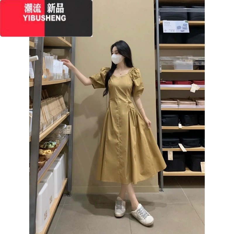 YIBUSHENG今年流行法式茶歇泡泡短袖连衣裙女季大码胖mm遮肚收腰显瘦裙子