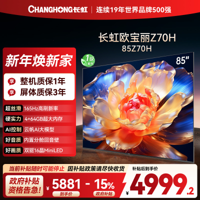 长虹电视85Z70H 云帆AI影像 双驱16晶MiniLED 内置分舱回音壁 云帆AI大模型4K超高清平板液晶电视政府补