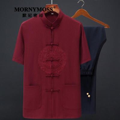 默尼密思品牌男装亚麻唐装男夏装中老年中国风棉麻短袖套装中式立领汉服2021新款