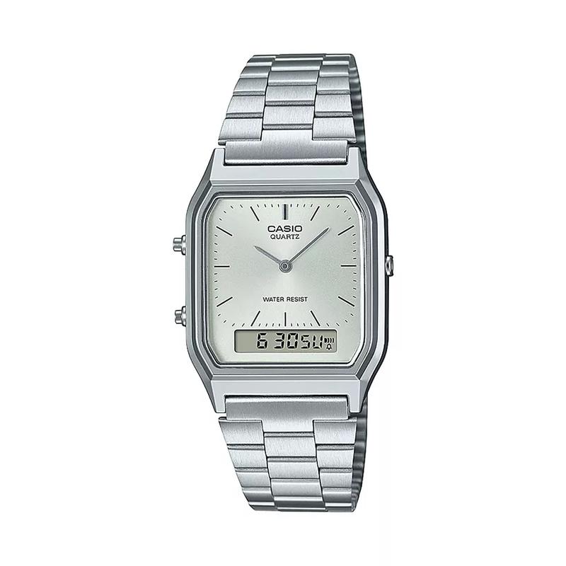 卡西欧(CASIO)石英表多功能双显银色不锈钢表壳休闲商务防水防震计时功能银色表带