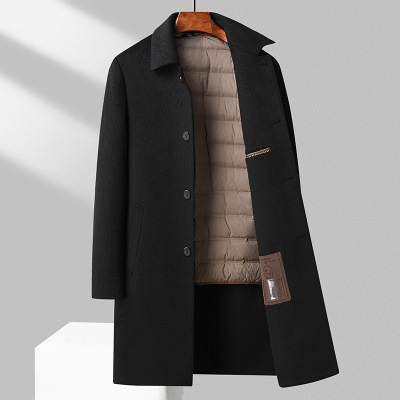 秋冬新款手工羊毛呢大衣男士长款羽绒内胆双面呢羊毛大衣外套