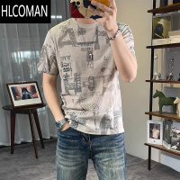 HLCOMAN冰丝棉麻短袖t恤男夏季2024新款圆领青年个性印花修身休闲半袖男