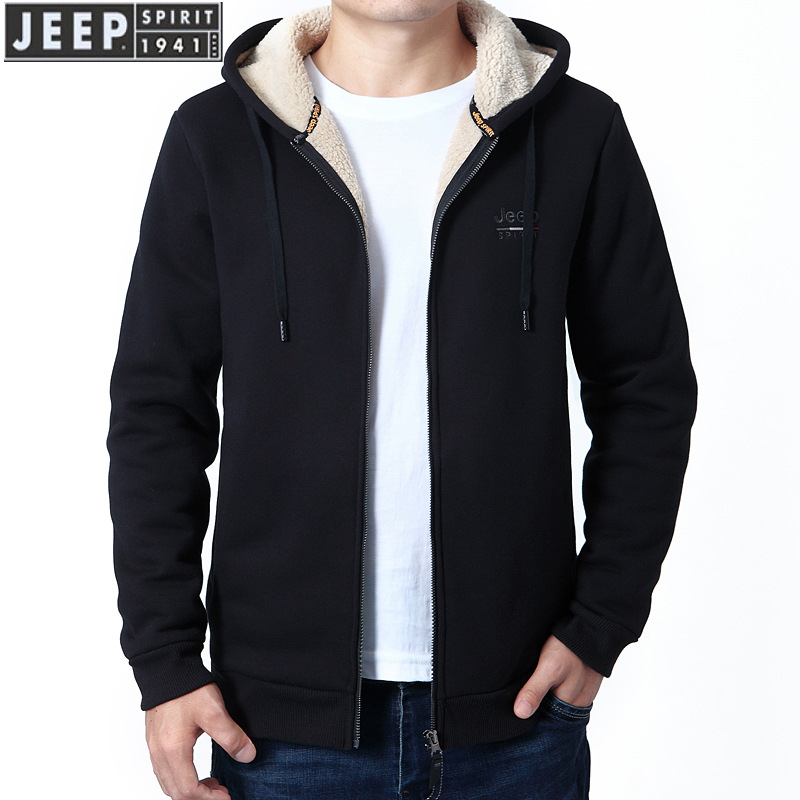 JEEP SPIRIT吉普冬季加绒卫衣男新款羊羔绒开衫休闲男士连帽外套
