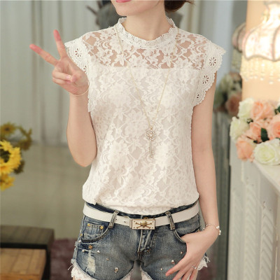 夏季新款韩版无袖蕾丝打底衫百搭短袖T恤修身雪纺衫小背心上衣女